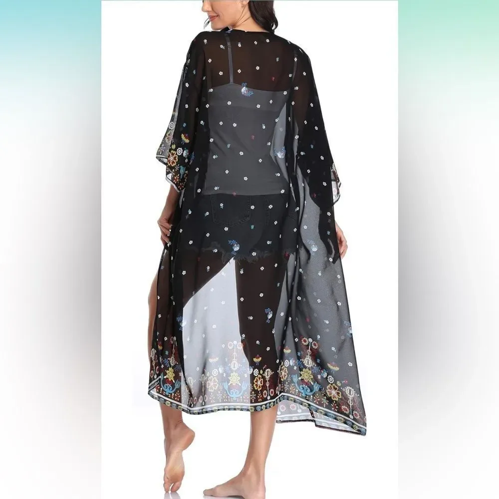 Floral Sheer Black Kimono Robe